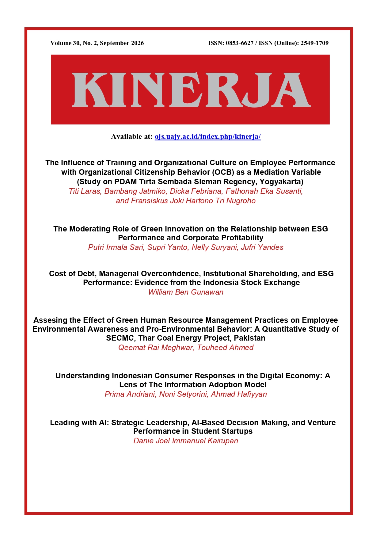 					View Vol. 30 No. 2 (2026): KINERJA
				